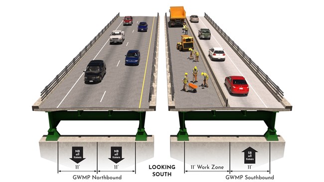 A graphic depicts construction workers in the Southbound lane, while traffic moves in three lanes (two nouthbound and one sorthbound) next to it.