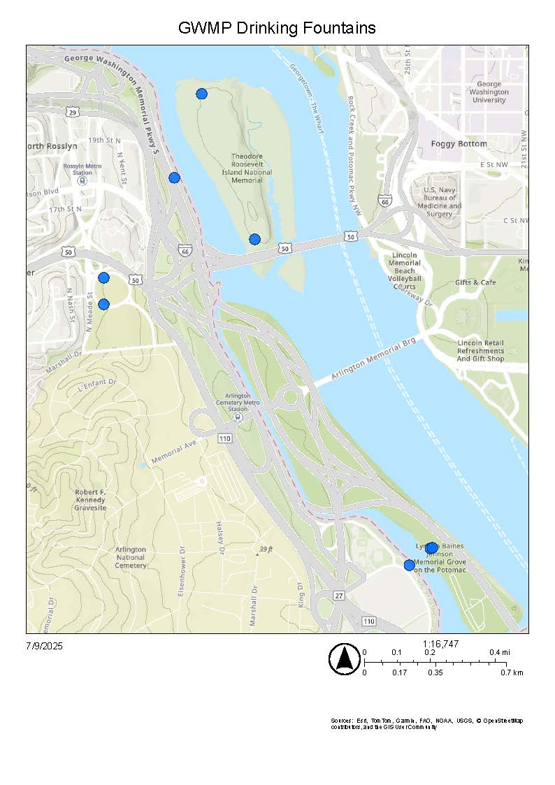 Detail of locations of water fountains in the park.