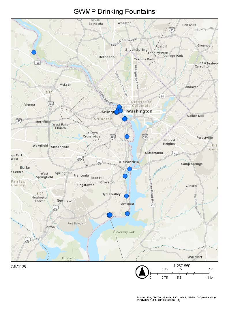 Map showing the locations of water fountains in the park