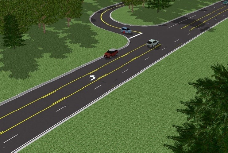 Computer generated image of proposed marking pattern for George Washington Memorial Parkway at Morningside Lane showing new configuration with three travel lanes (one southbound and two northbound) and a turn lane.