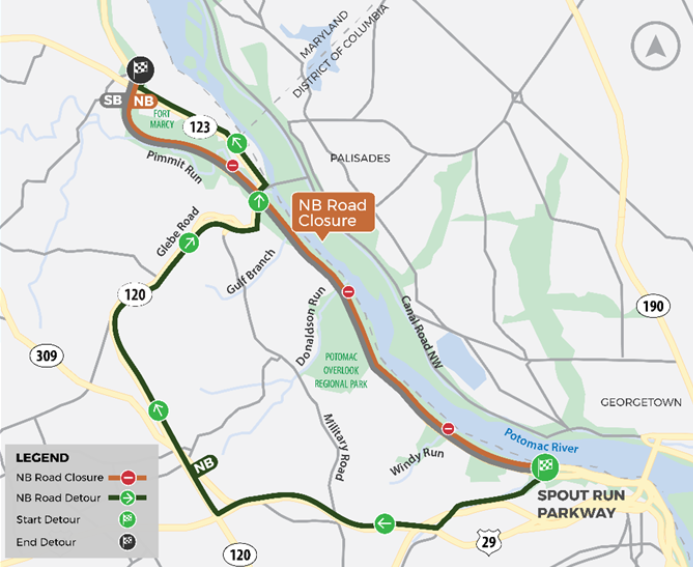 A map showing a northbound road closure along the George Washington Memorial Parkway between Spout Run Parkway and Route 123
