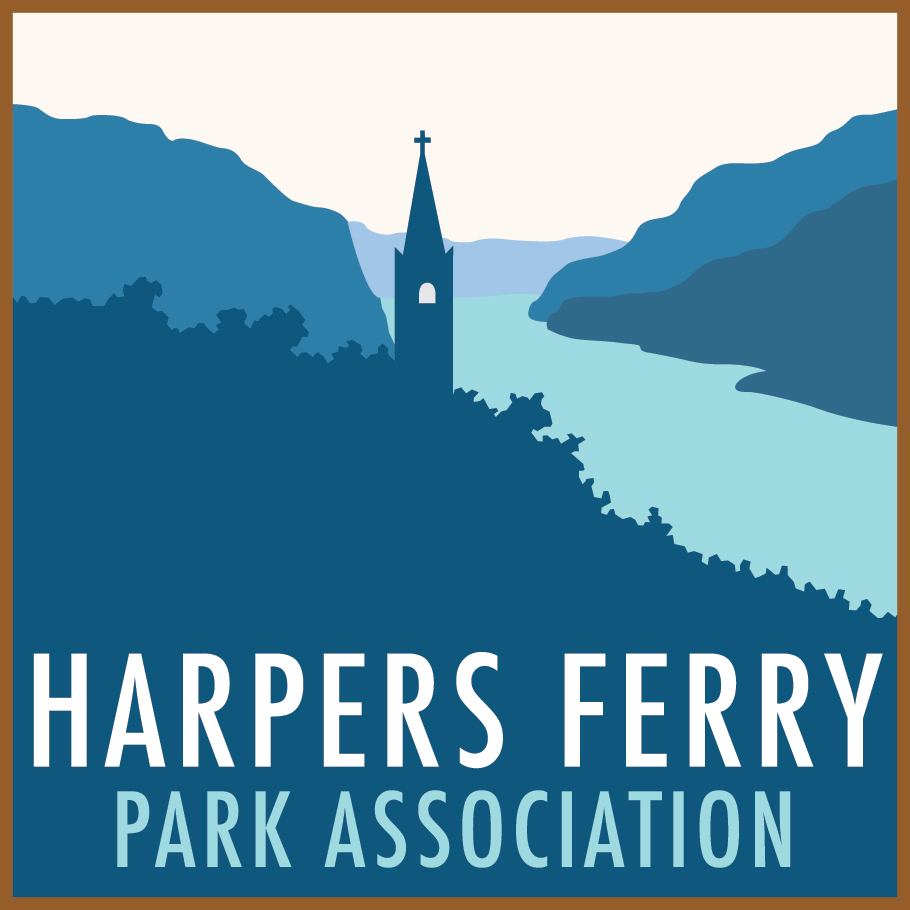 square image with a brown border; the graphic is various shades of blue, showing a river, a mountain gap, and a church steeple on the landscape. the phrase "Harpers Ferry Park Association" is written along the bottom third of the graphic