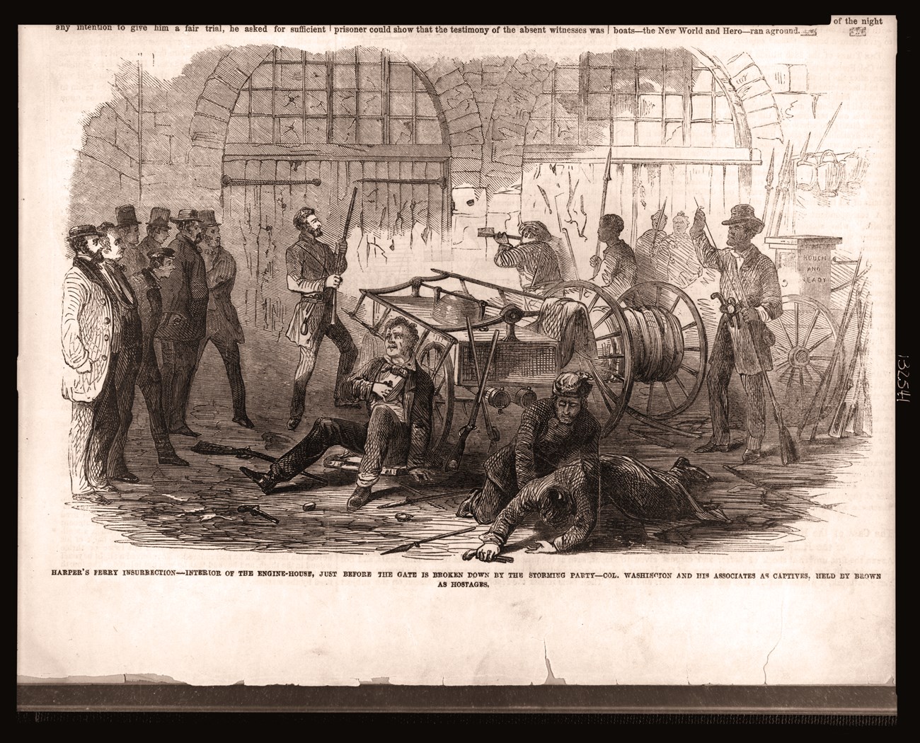 sketch of the raiders and hostages inside of the fire engine house during John Brown's Raid