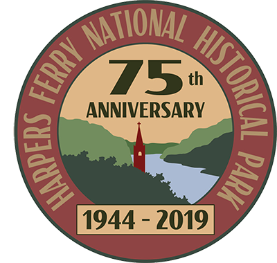 logo starting Harpers Ferry National Historical Park, 75th anniversary, 1944-2019