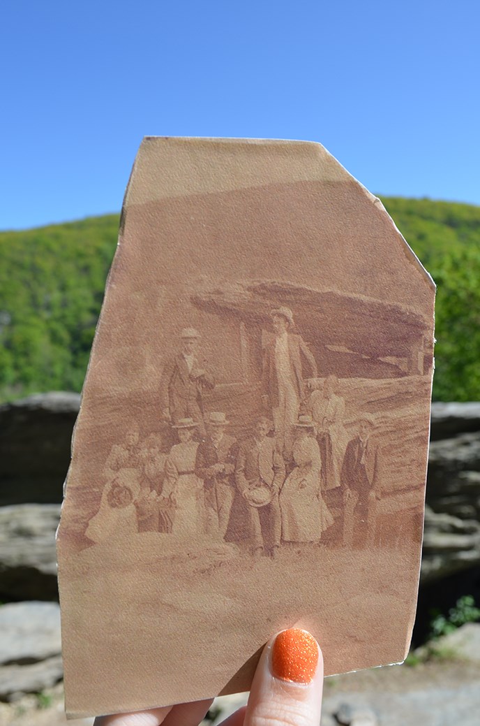 Historic photograph of a group outing at Jefferson Rock, ca. 1890 being held in the modern landscape