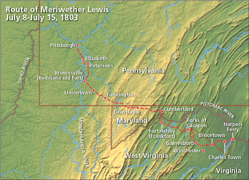 Map showing travel route of Meriwether Lewis from Harpers Ferry to Pittsburgh from July 8 to July 15, 1803