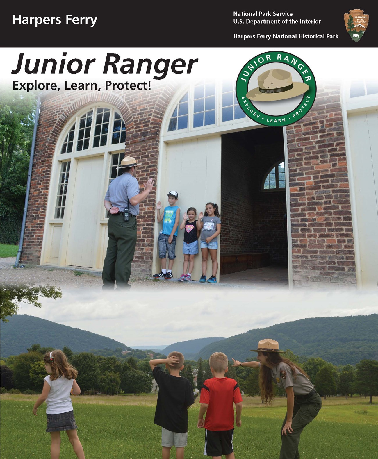 Junior Ranger Booklet cover; shows image of park ranger swearing in Junior Rangers and image of park ranger pointing out scenery to kids