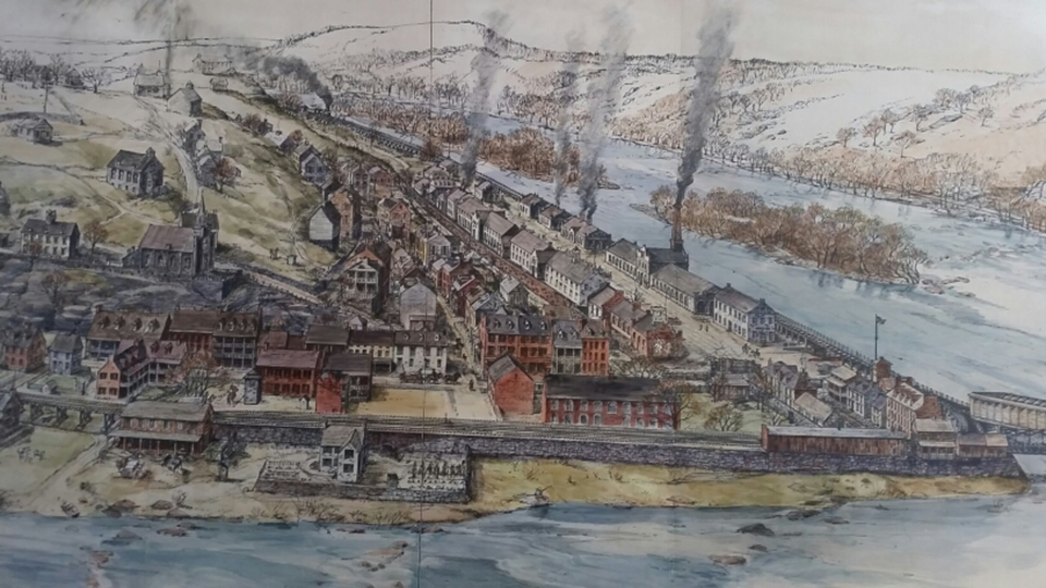 Painting depicting the 1859 town of Harpers Ferry from Loudoun Heights.