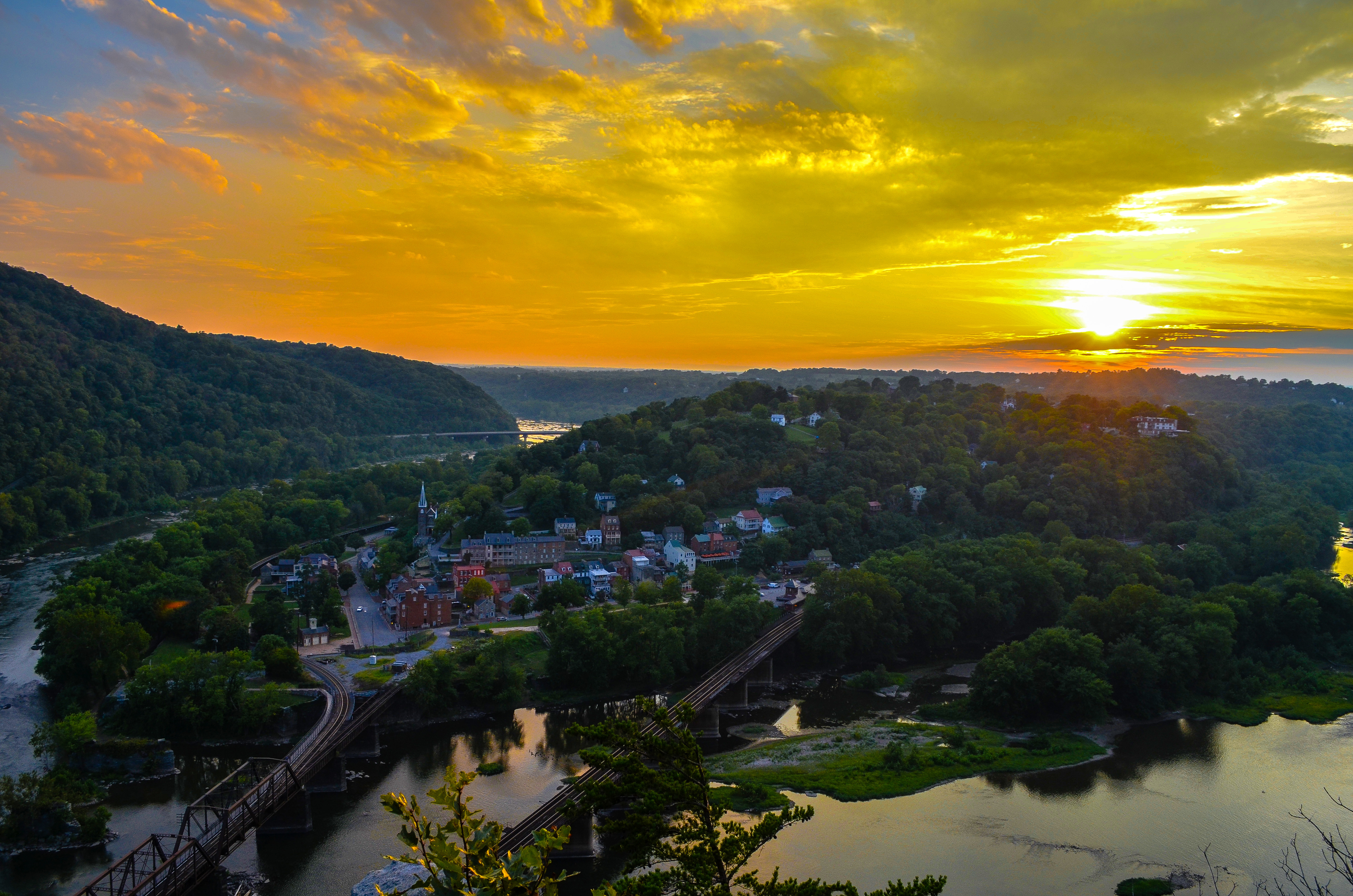 Sunset from Maryland Heights Overlook Trail onto the town of Harpers Ferry.