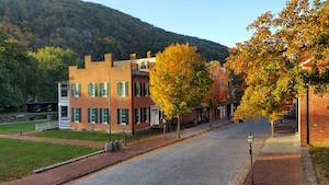 view of Shenandoah Street in the Fall season from the second floor of the John Brown Museum