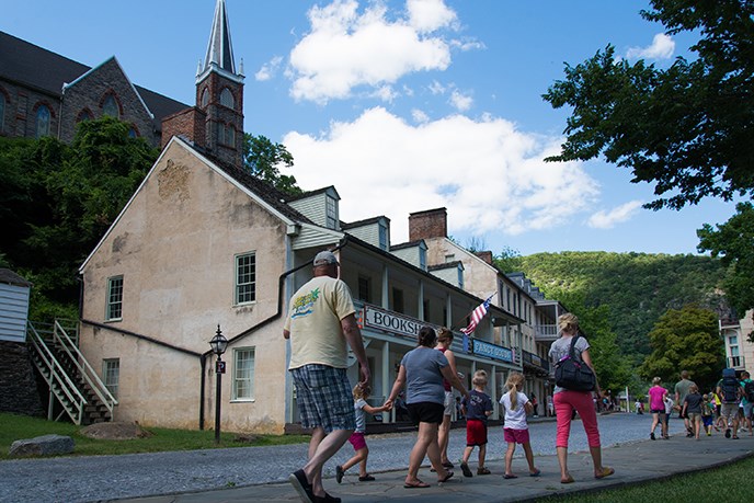 Visitors walking in Lower Town Harpers Ferry