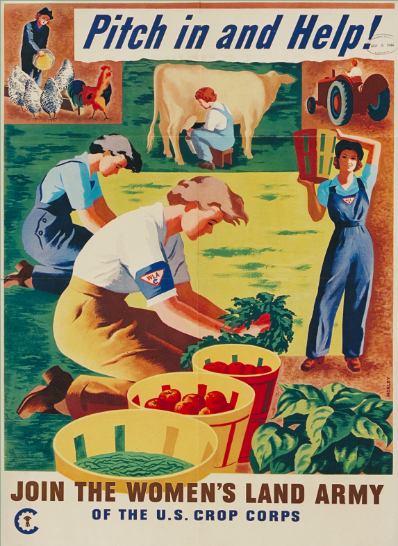 Poster comprised of color drawings of women working in gardens or on farms; text on poster reads "Pitch in and Help!" and "Join the Women's Land Army of the U.S. Crop Corps"
