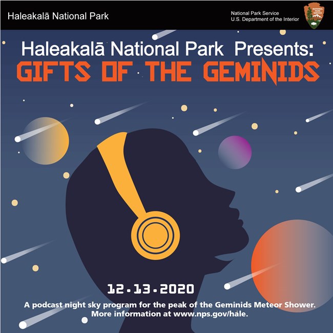 Poster for Geminids podcast program featuring the silhouette of a woman wearing headphones in front of a background of planets and shooting stars.
