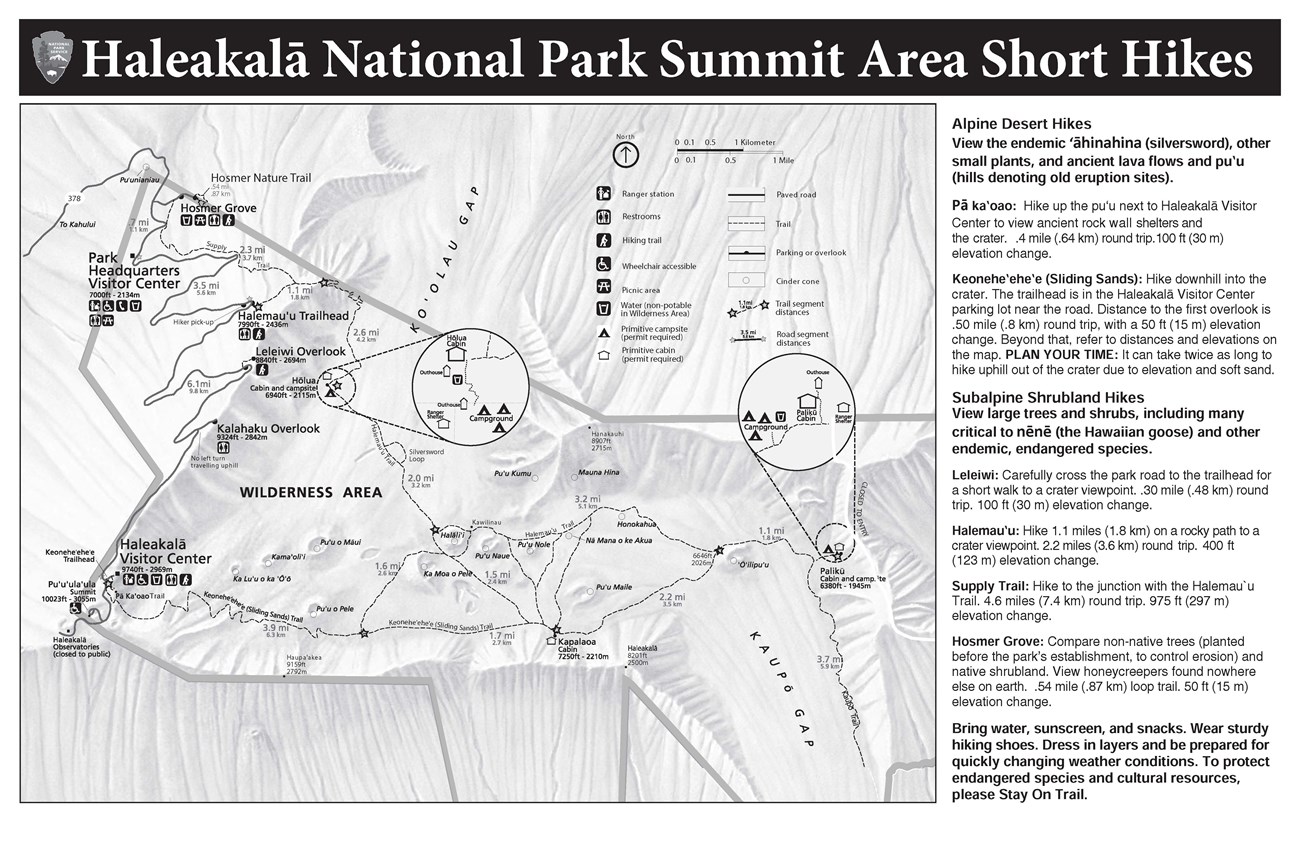 Map of summit district, roads, visitor centers, and trails with descriptions