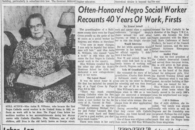 Anita R Williams in an article in Evening Sun 1963
