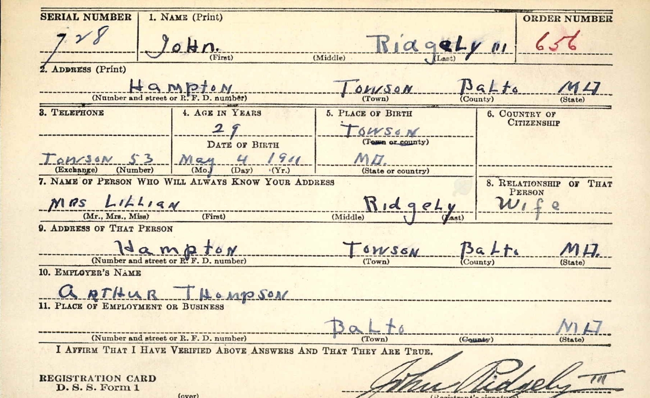 John Ridgely III Draft Card