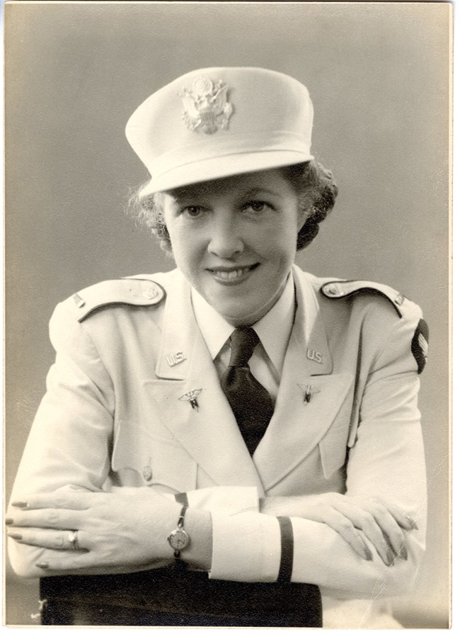 A historic black and white image of Lillian Ketcham Ridgely in her WWII uniform.