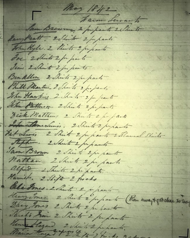 Page listing “farm servants” in May 1842, from Eliza E. Ridgely’s Servants Clothing Book, 1835-1854. (Image courtesy Maryland Center for History and Culture.)