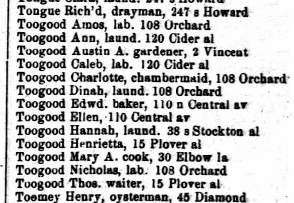 Woods’ Baltimore City Directory, 1872 showing the Toogoods listed