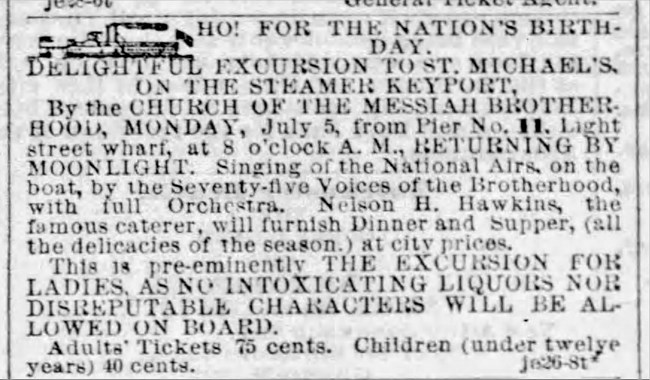 Newspaper ad about a Fourth of July event where Nelson Hawkins was the caterer and was considered "the famous caterer." Baltimore Sun, July 1, 1880; Image courtesy Newspapers.com