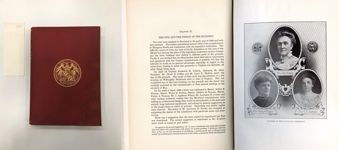 red cover of book with yellowish papers and black and white photographs of three women