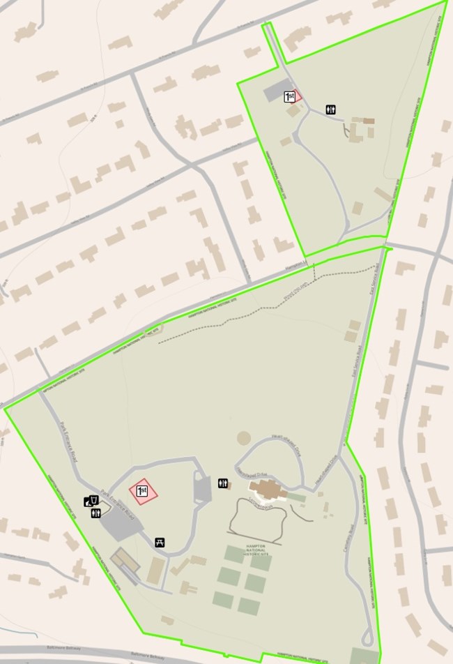 A map of Hampton NHS indicating the two first amendment areas.