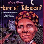 Book cover with caricature illustration of Tubman holding a lantern with houses in the background