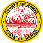 Yellow circle surrounding a white background with red mountains and text "County of Hawaii State of Hawaii Ola Na Moku".