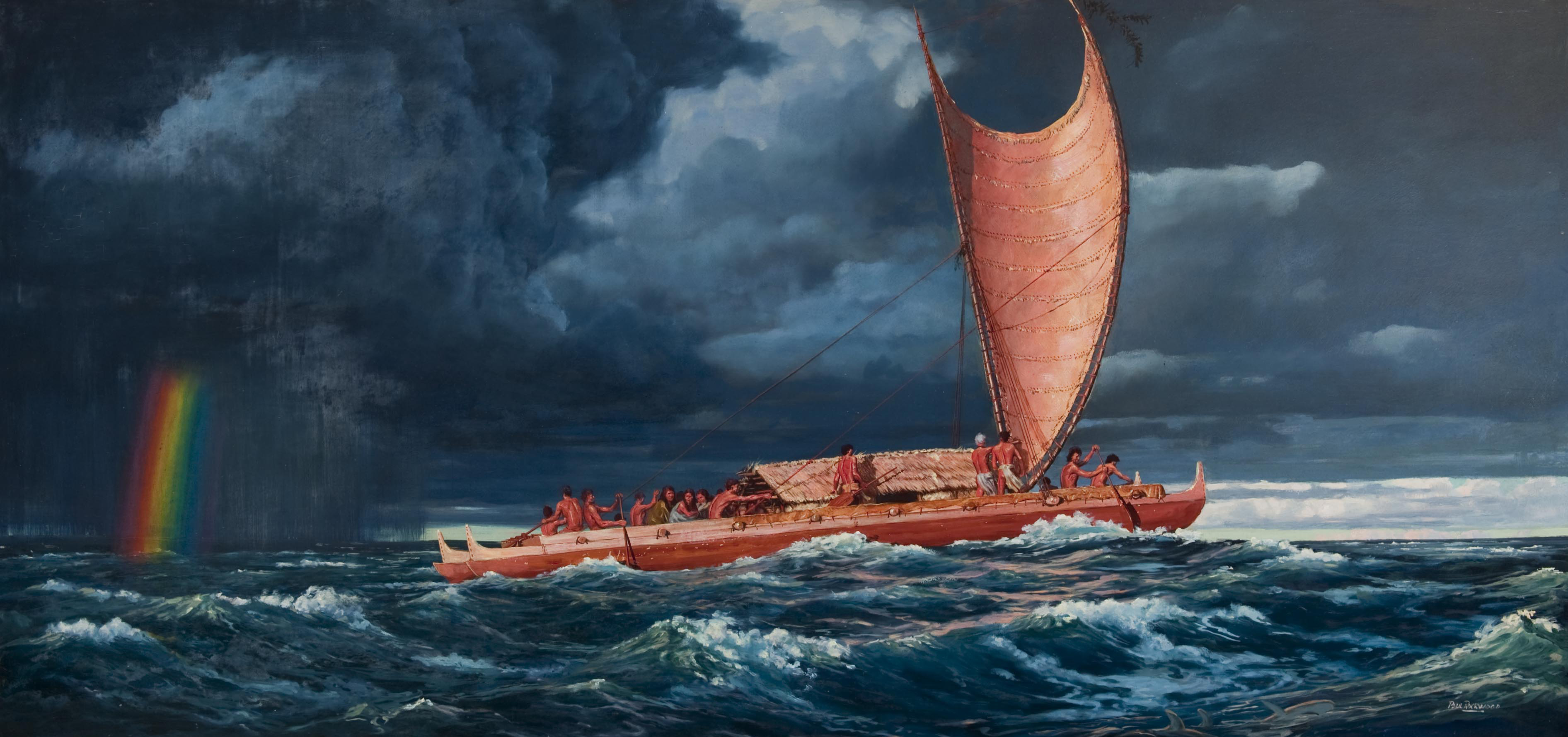 Painting of voyagers in a canoe on stormy seas with a rainbow and sharks in the foreground