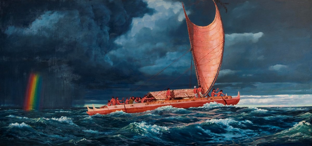 Painting of voyagers in a canoe on stormy seas with a rainbow and sharks in the foreground