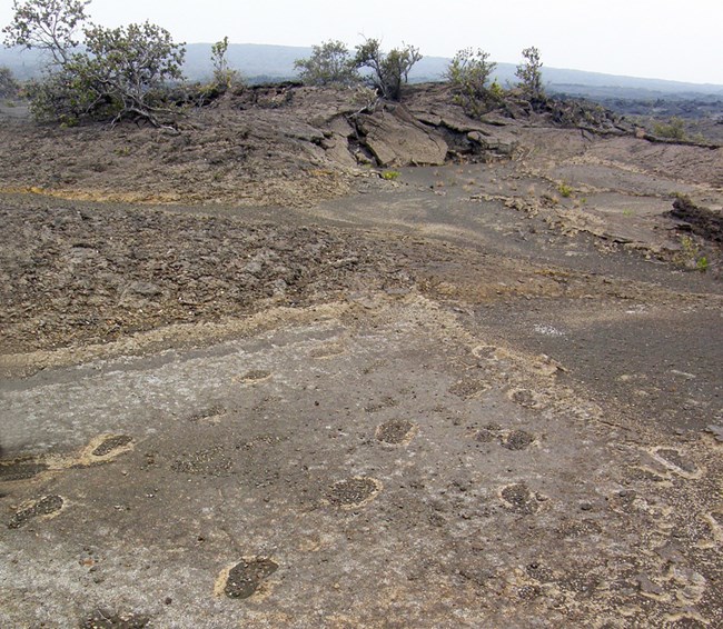 Dusty footprints in a lava landscape