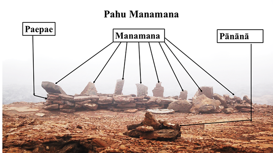 Archaeological site containing a low, dry-stacked pahoehoe platform (paepae) with several upright stones atop it (manamana) and a small stack of rocks in front of the platform (pānānā).