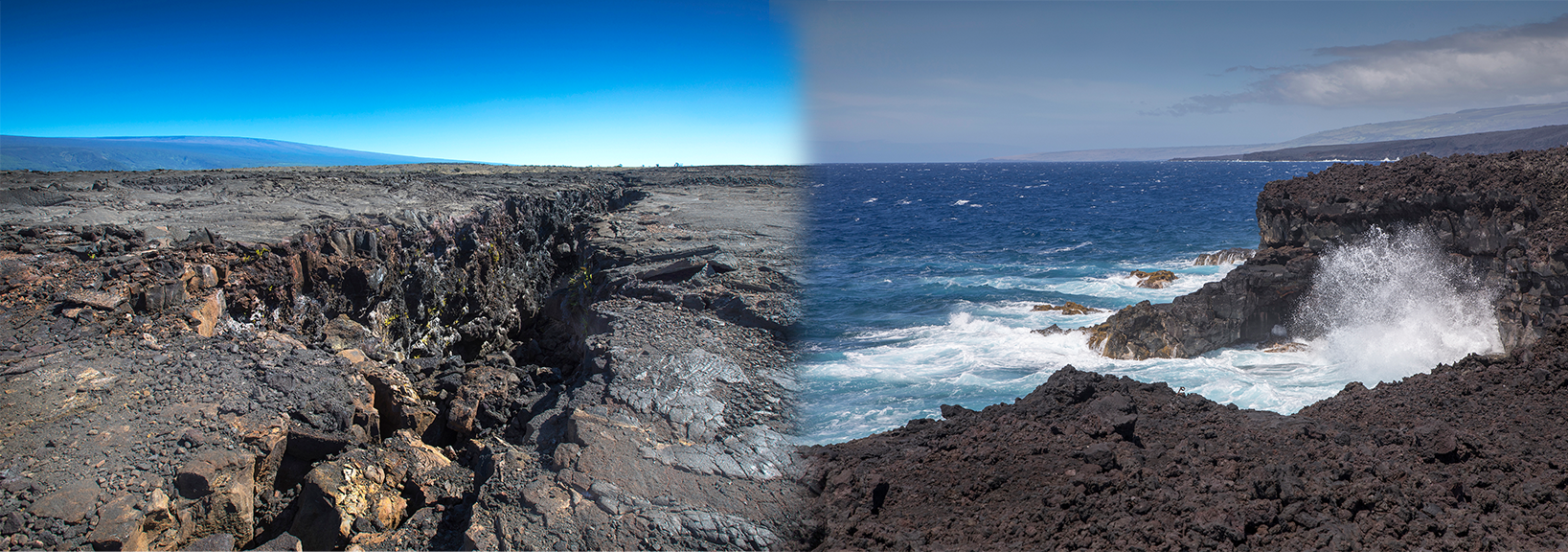 A composite image of a volcanic landscape with a large crack and waves crashing on a sea cliff.