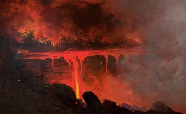 Painting of a lava cascade at night