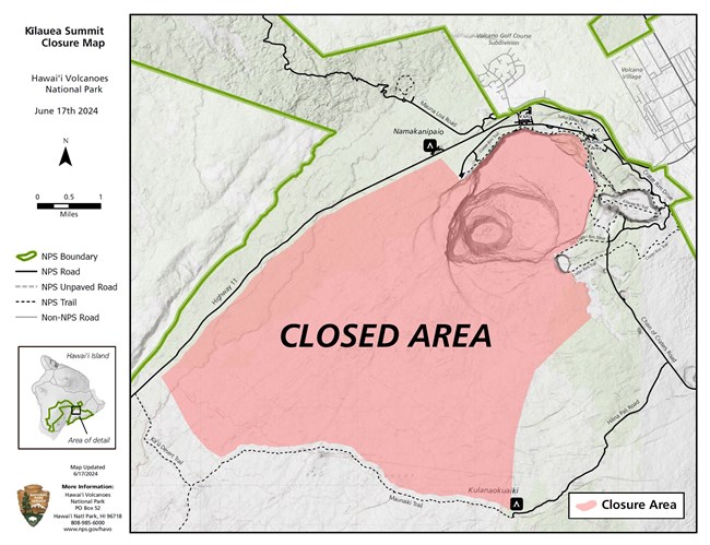 Map showing the closure within Kīlauea caldera and certain surrounding areas.