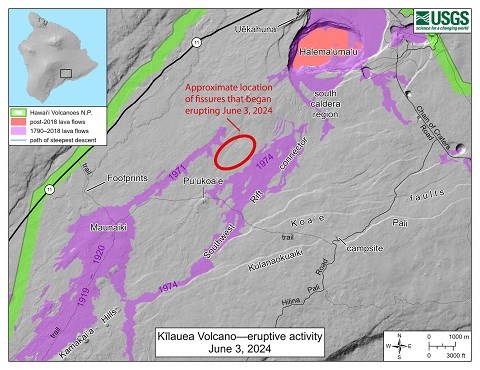 A map showing the eruption site south of Kīlauea summit caldera.