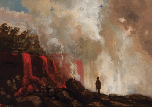 Painting of a small silhouetted human figure in front of a cascade of red molten lava