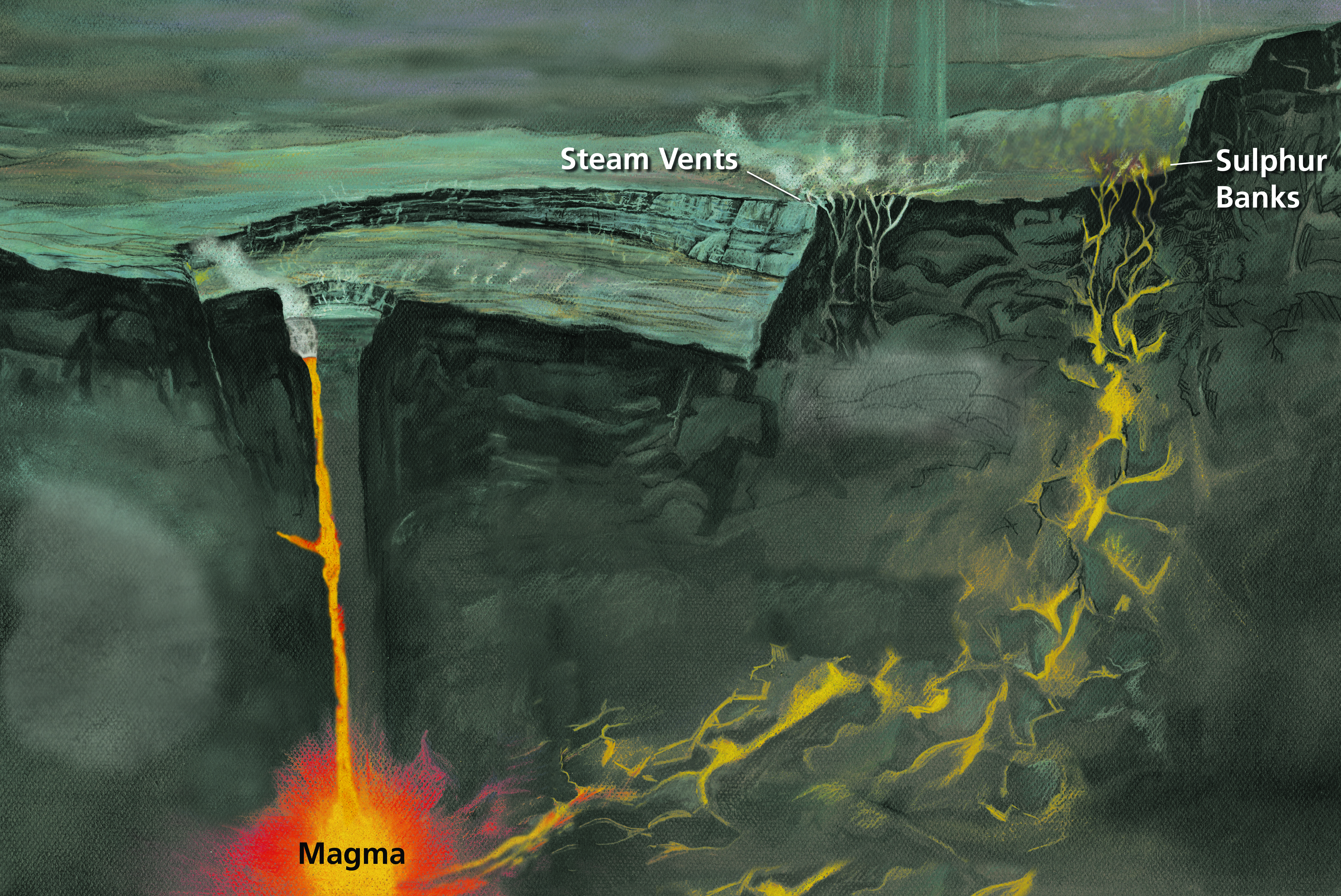 Illustration showing cracks in the crust of the earth and fumes rising
