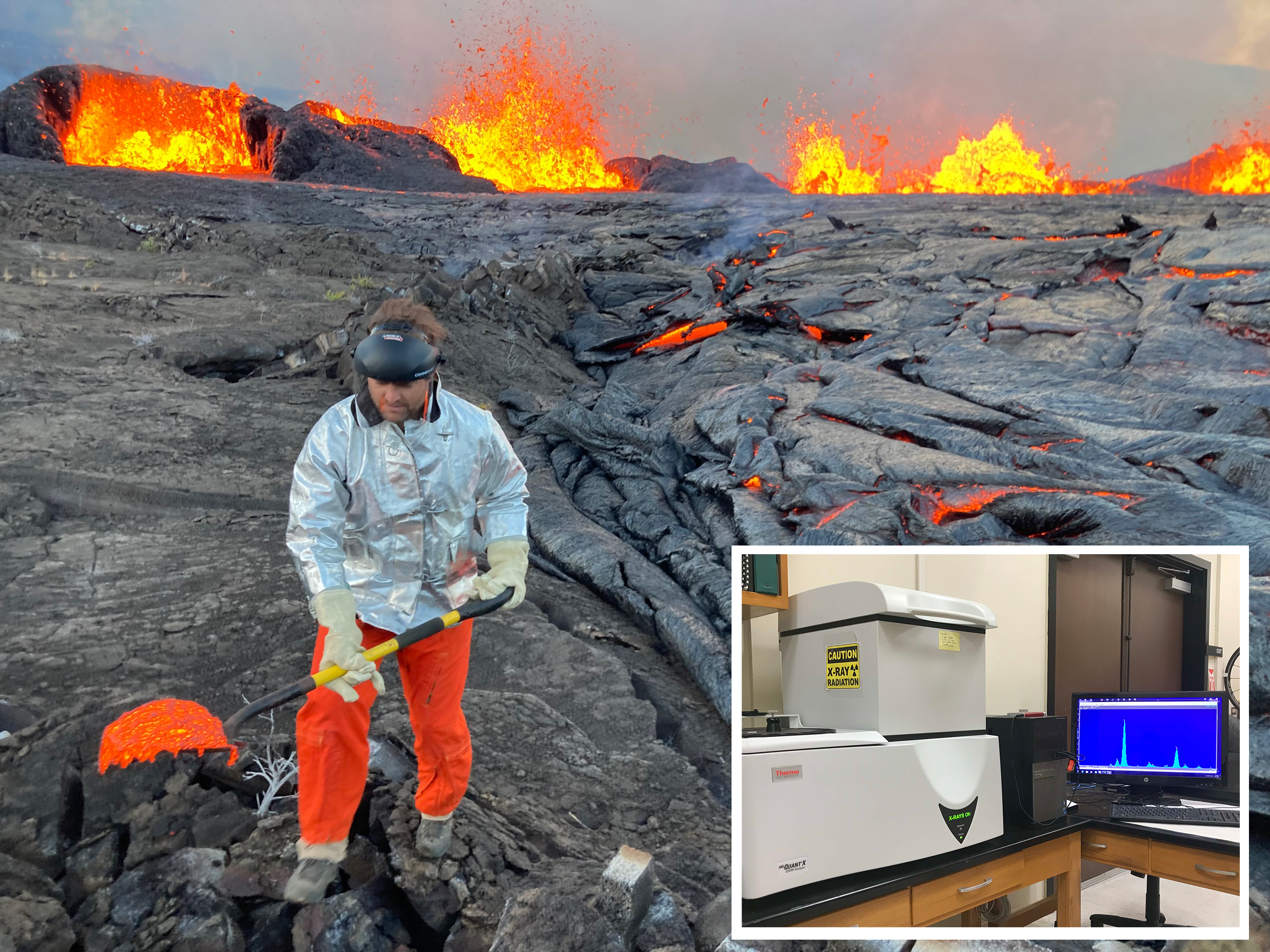 A USGS geologist collecting a sample of lava.