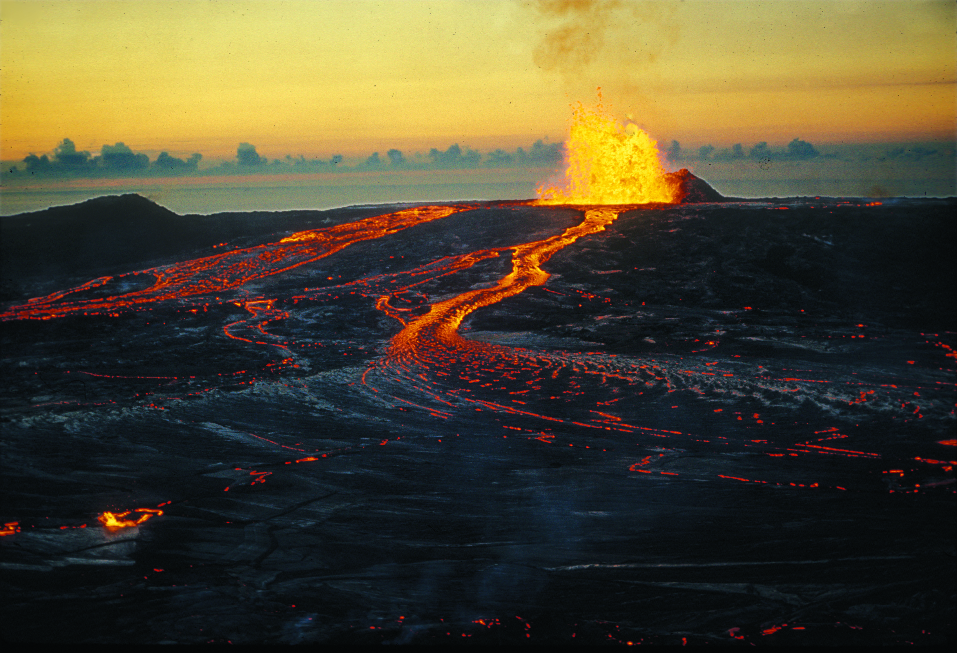 Aerial view of erupting lava shield