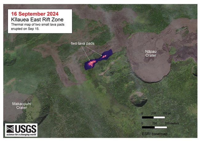 Satilite image of eruption area with green vegitation, six craters of various sizes, dark brown lava rock areas. Upper right corner reads "16 September 2024 Kīlauea East Rift Zone Thermal map of two small lava pads erupted on September 15."