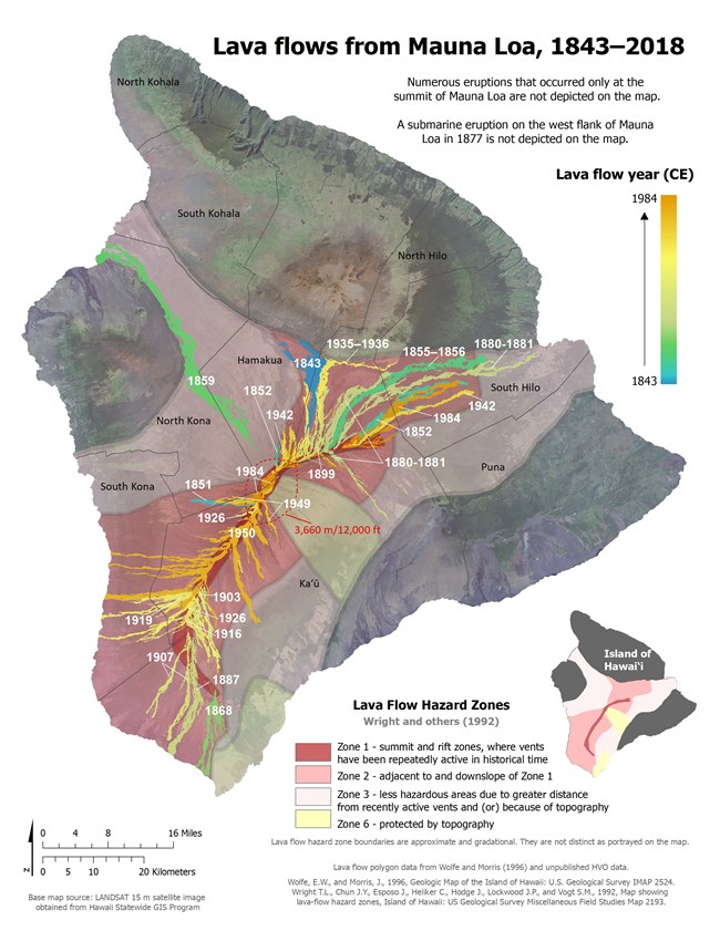 Map showing lava flows from Mauna Loa volcano, color coded by year