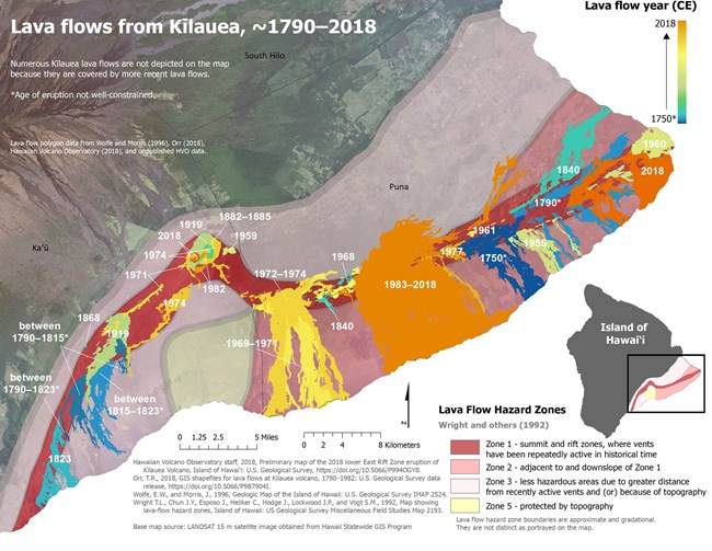 Map of lava flows from Kīlauea volcano color coded by year with lava flow hazard zones