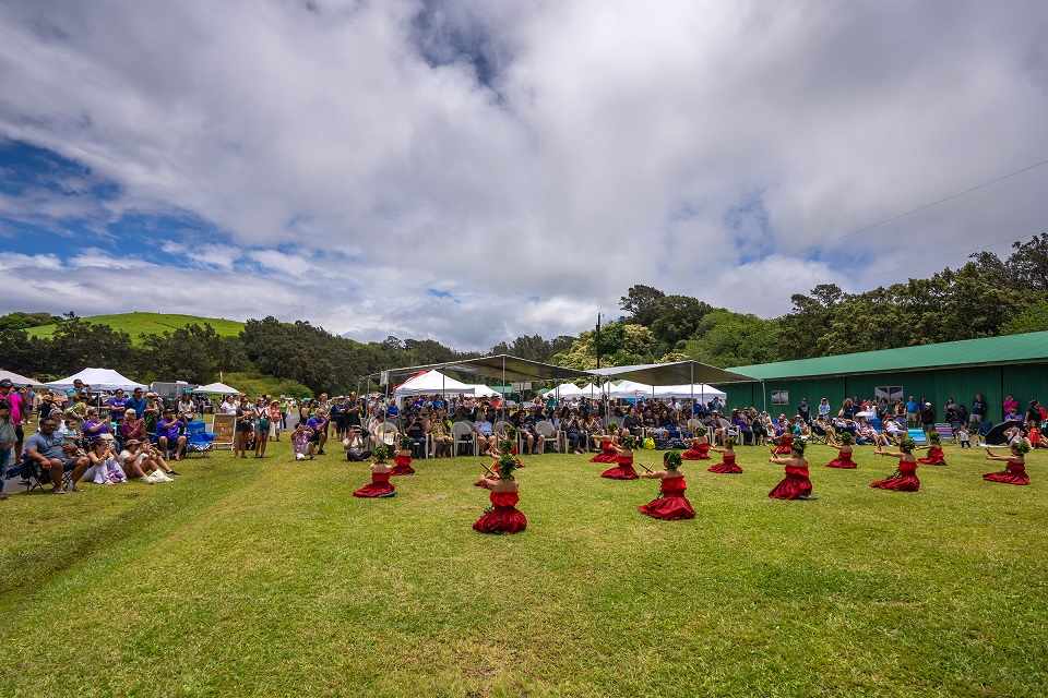 Young hula dancers wearing red entertain a crowd outdoors