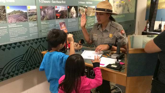 Junior rangers getting sworn in at Hawai‘i Volcanoes National Park