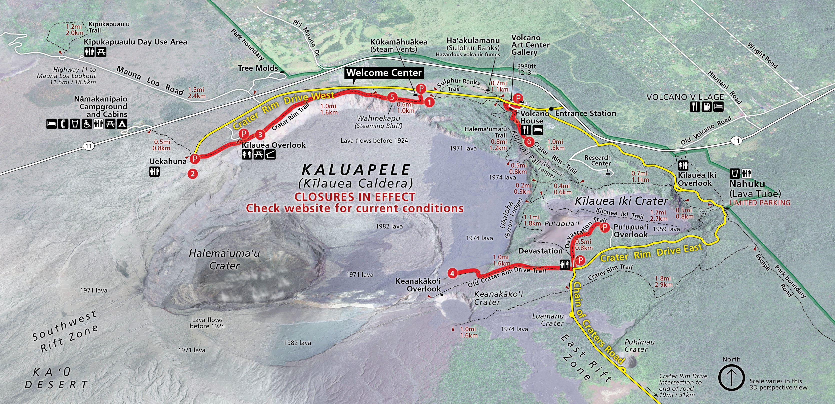 Map showing eruption viewing areas between Uēkahuna, Kīlauea Overlook at Kūkamāhuākea (Steam Vents), Kūpinaʻi Pali, and Keanakākoʻi.