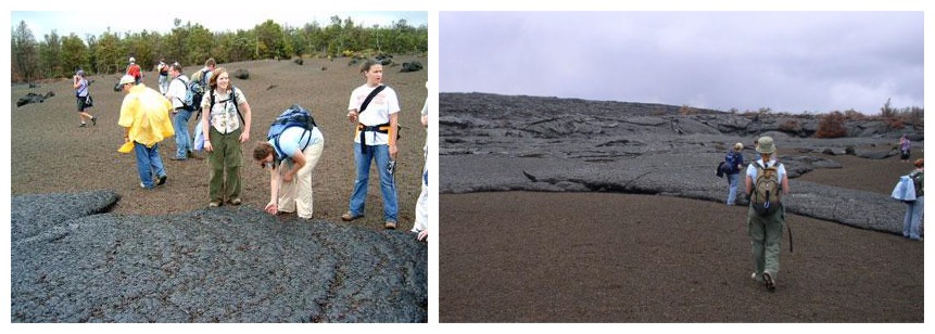 Students examine glassy shards of lava