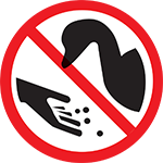 A "no" symbol over a human hand feeding a goose