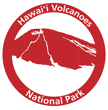 A red stamp that has a volcano art with Hawaiʻi Volcanoes National Park written around the edges.
