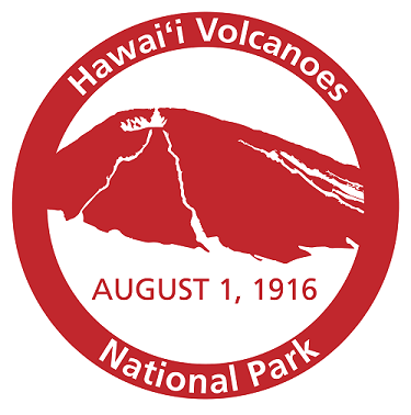 A national park stamp with the date August 1, 1916 and a volcano illustration surrounded by text that says Hawaiʻi Volcanoes National Park.